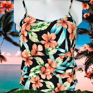 CARIBBEAN JOE  Women's Tropical Floral Ruffle-tiered Swimsuit  Top Size Large